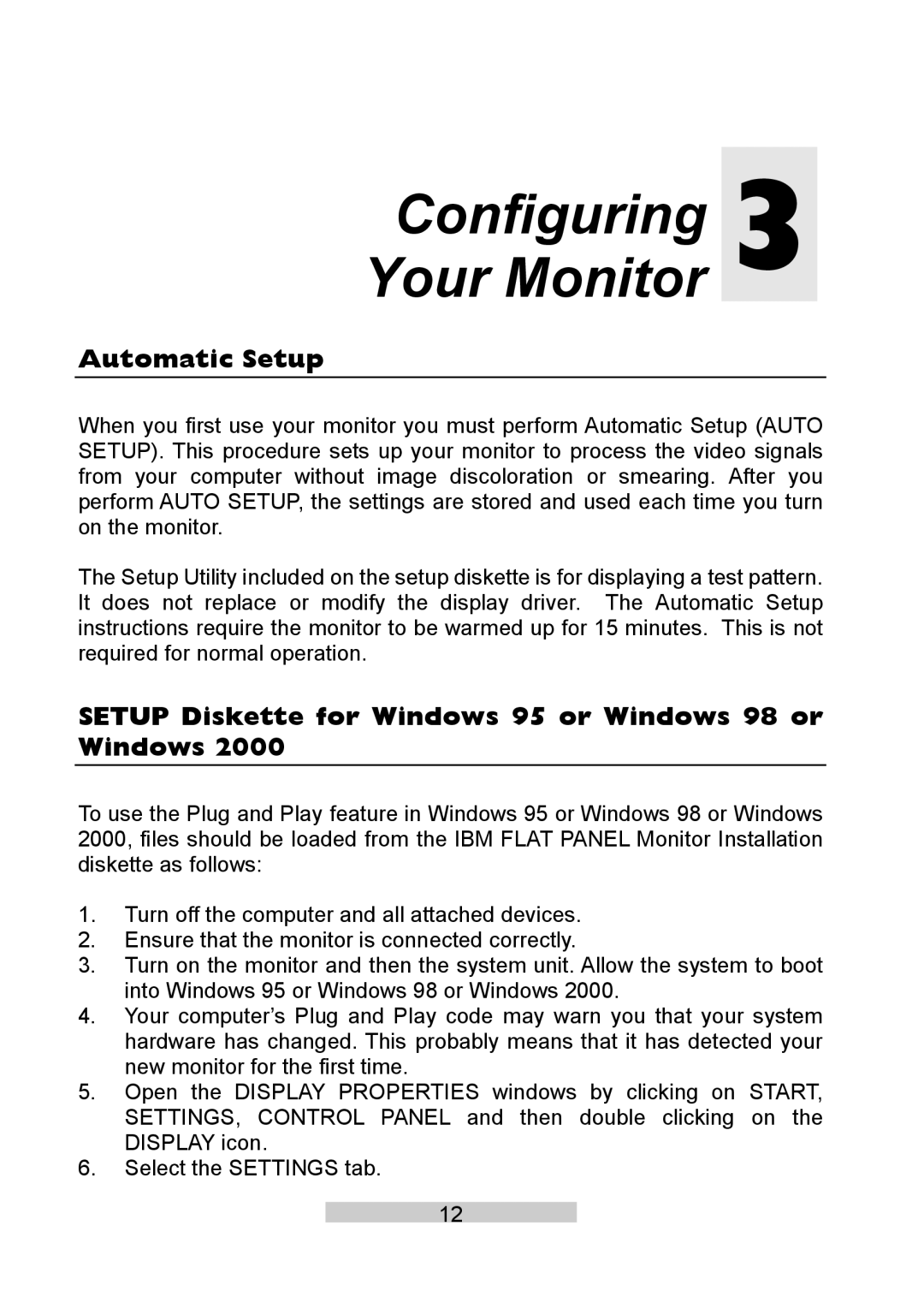 IBM T86A system manual Configuring Your Monitor, Automatic Setup, Setup Diskette for Windows 95 or Windows 98 or Windows 