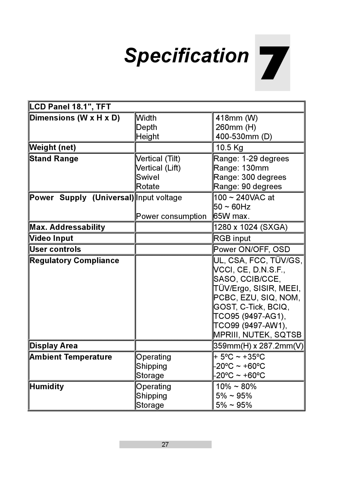 IBM T86A system manual Specification 