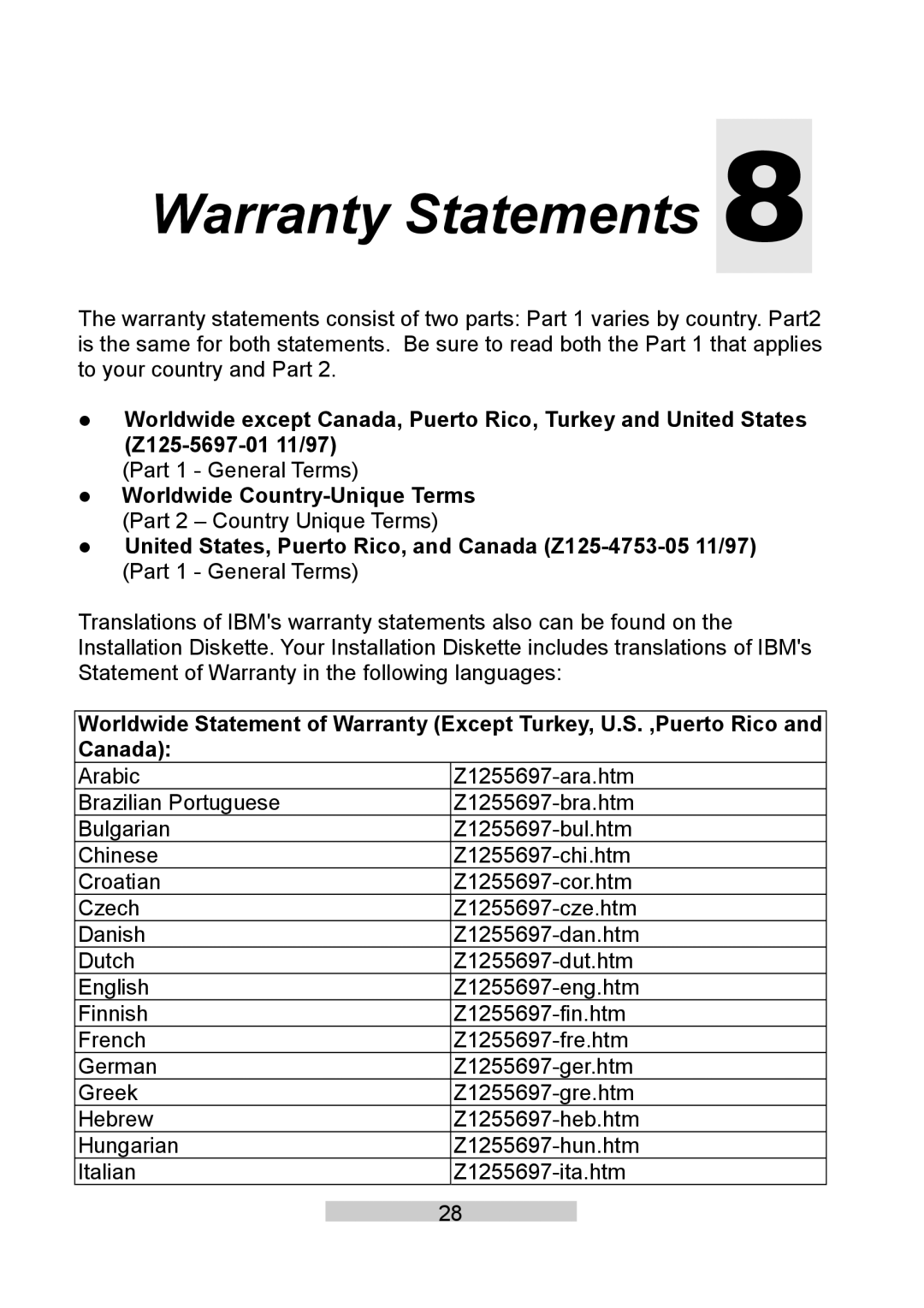 IBM T86A system manual Warranty Statements 