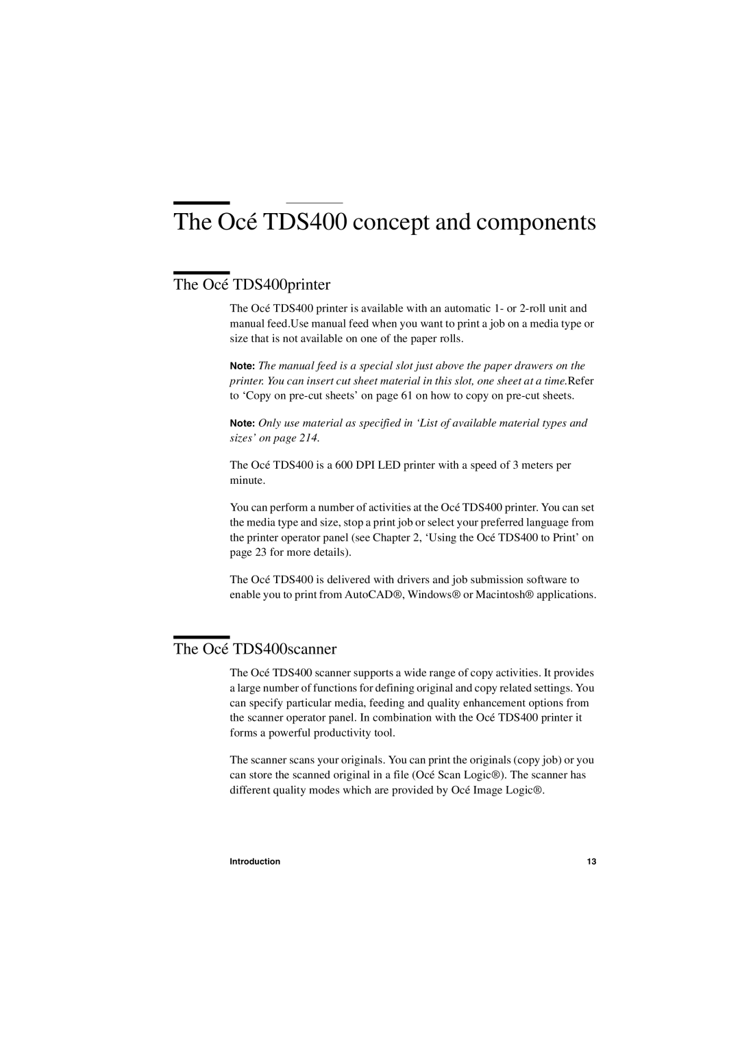 IBM user manual Océ TDS400 concept and components, Océ TDS400printer, Océ TDS400scanner 