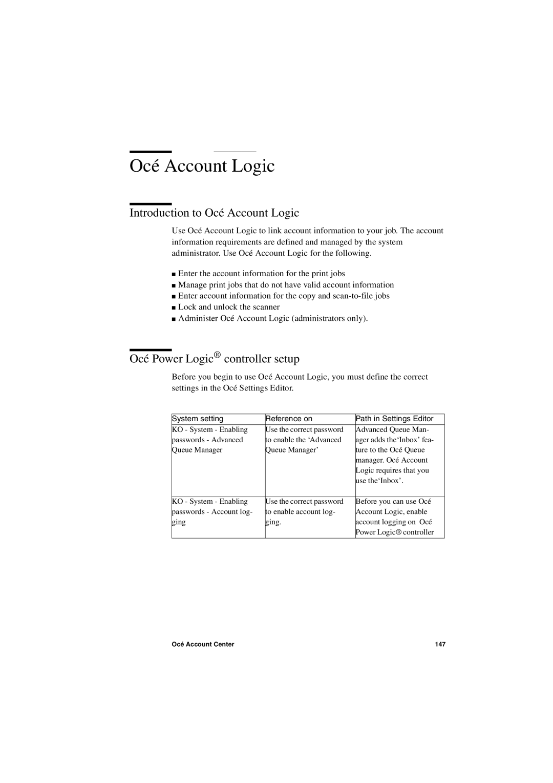 IBM TDS400 user manual Introduction to Océ Account Logic, Océ Power Logic controller setup 