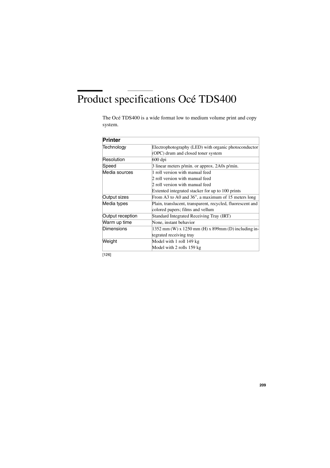 IBM user manual Product specifications Océ TDS400, Printer 