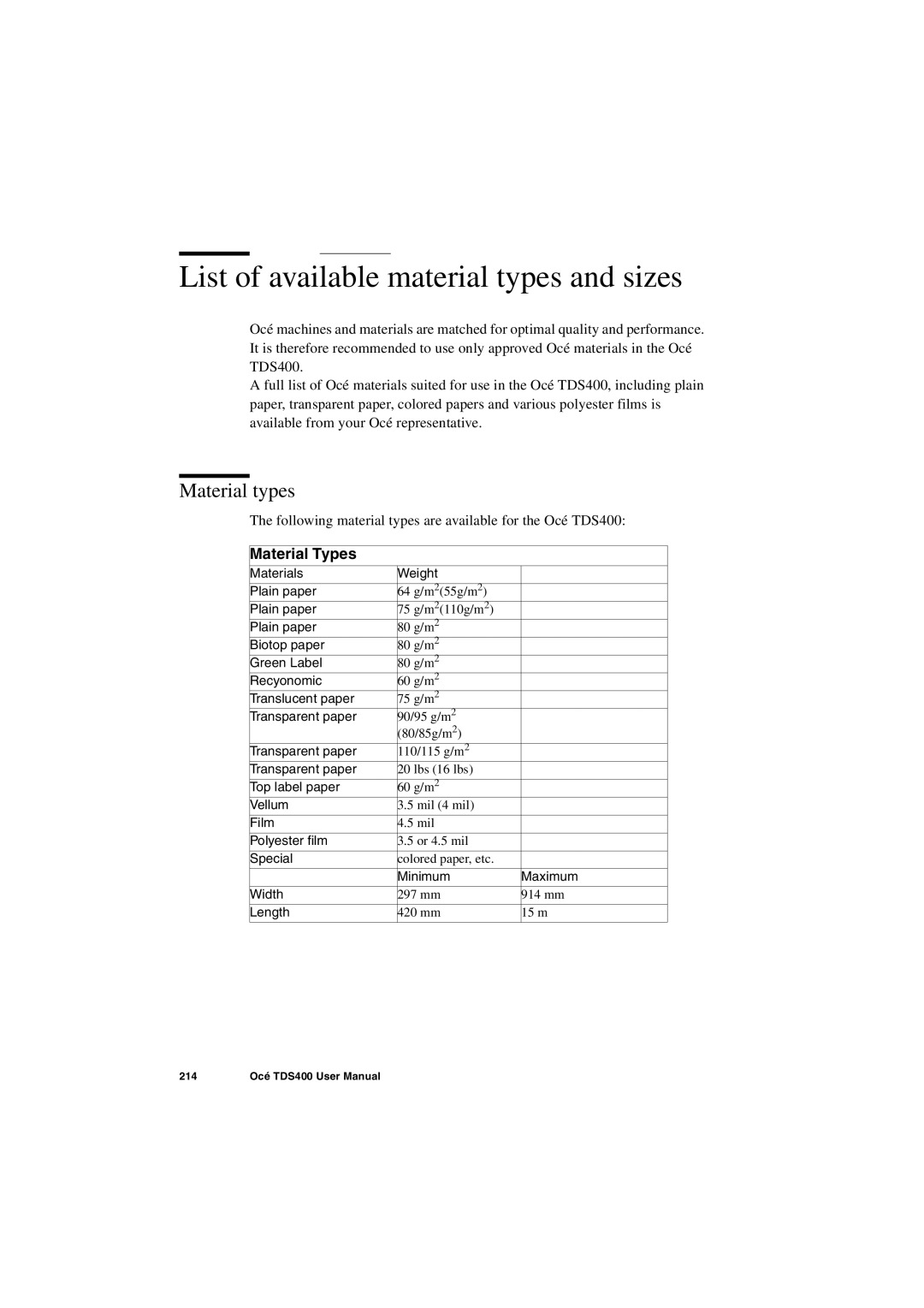 IBM TDS400 user manual List of available material types and sizes, Material types, Material Types 