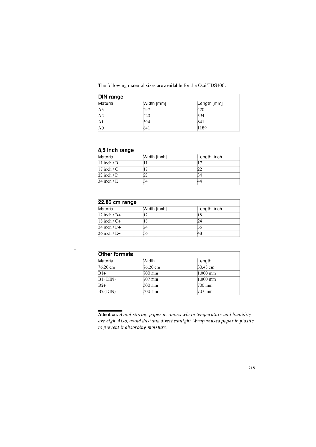 IBM TDS400 user manual DIN range, Inch range, Cm range, Other formats 