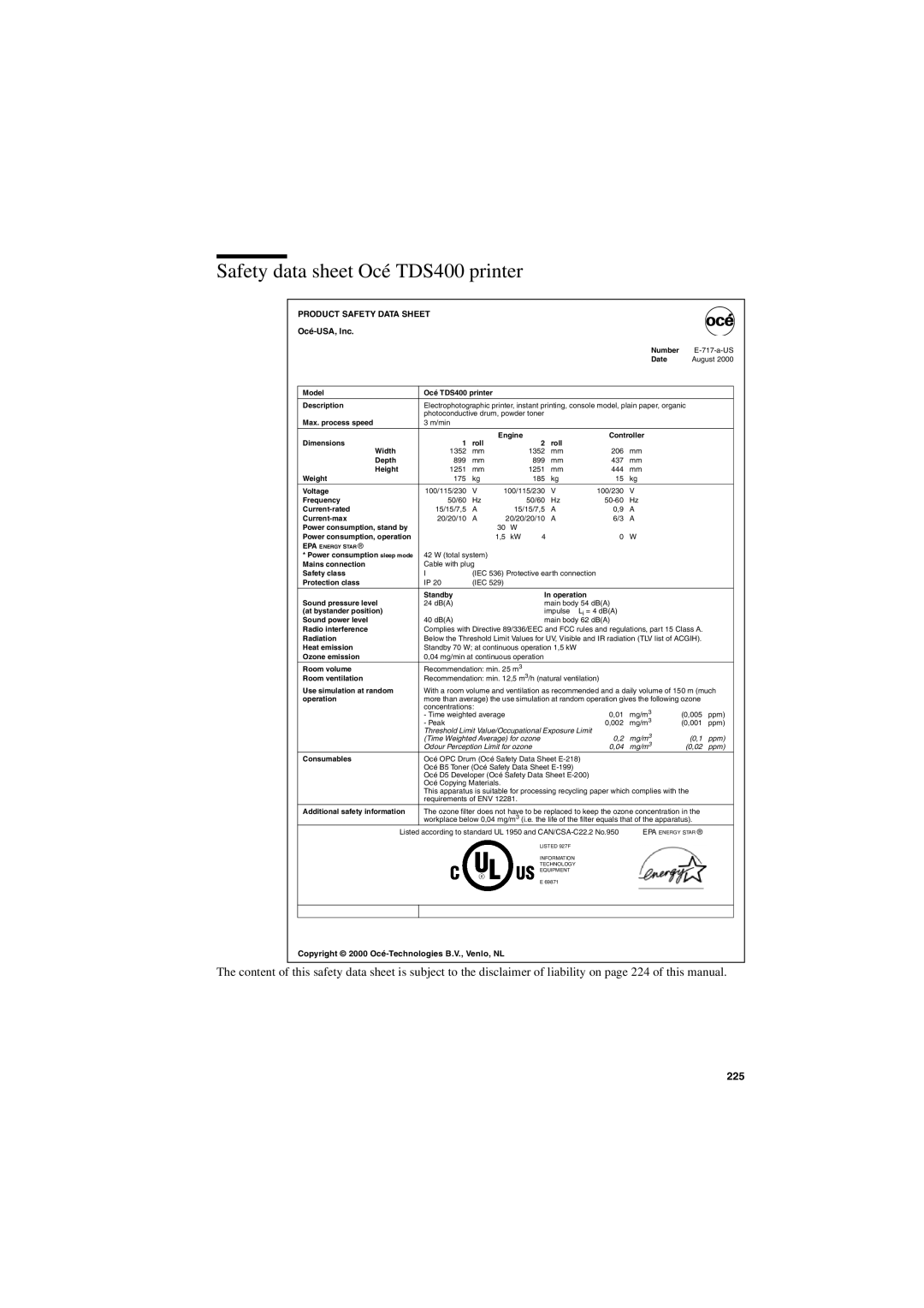 IBM user manual Safety data sheet Océ TDS400 printer, Product Safety Data Sheet 