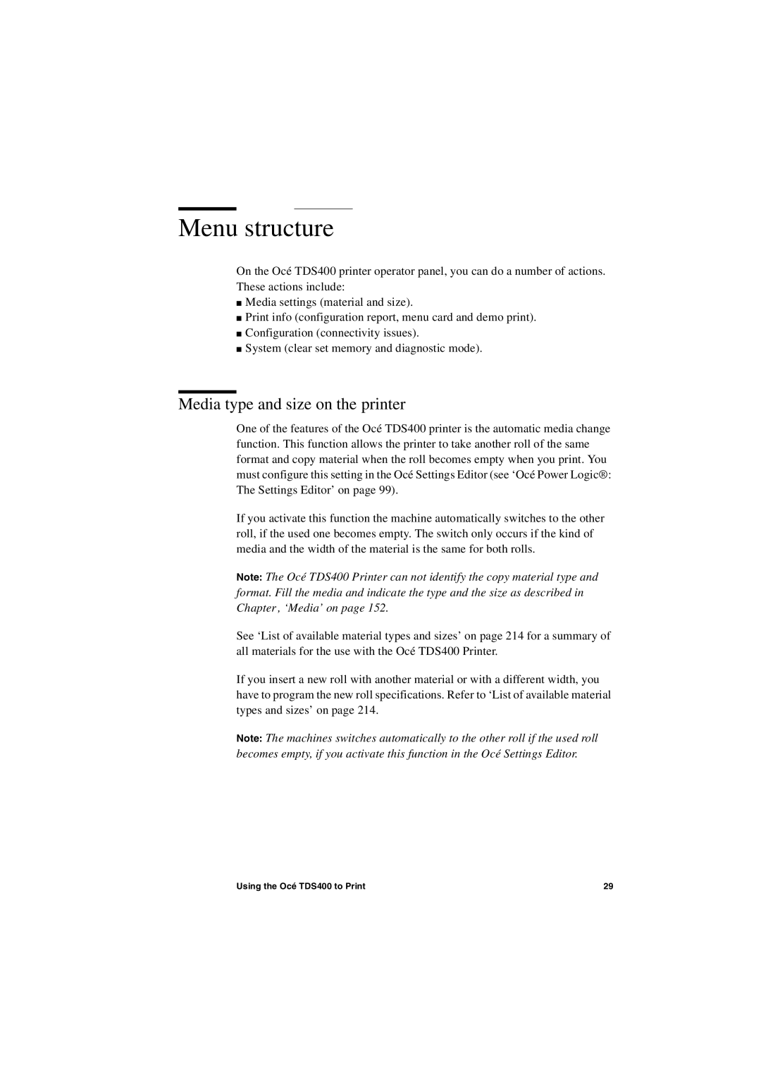 IBM TDS400 user manual Menu structure, Media type and size on the printer 