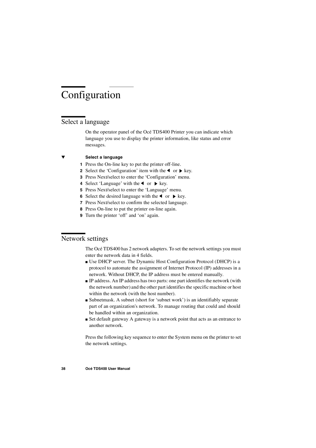 IBM TDS400 user manual Configuration, Select a language, Network settings 