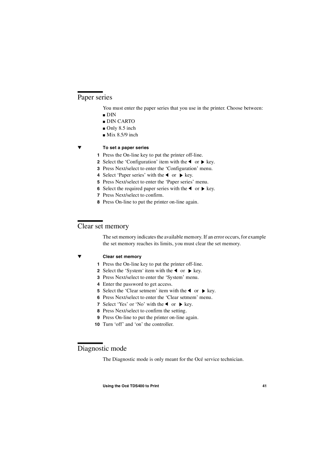 IBM TDS400 user manual Paper series, Clear set memory, Diagnostic mode 