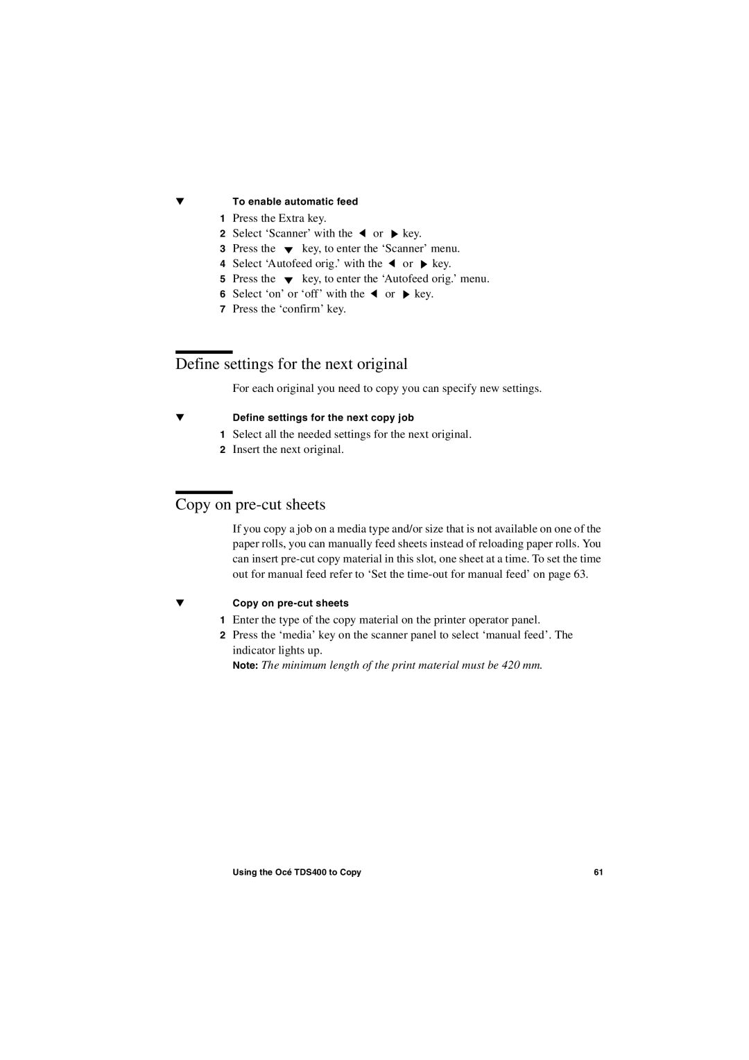 IBM TDS400 user manual Define settings for the next original, Copy on pre-cut sheets 