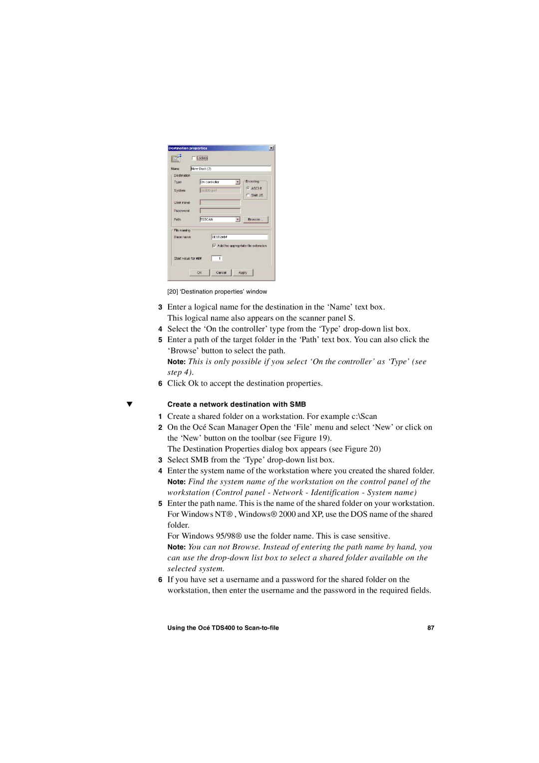 IBM TDS400 user manual Create a network destination with SMB 