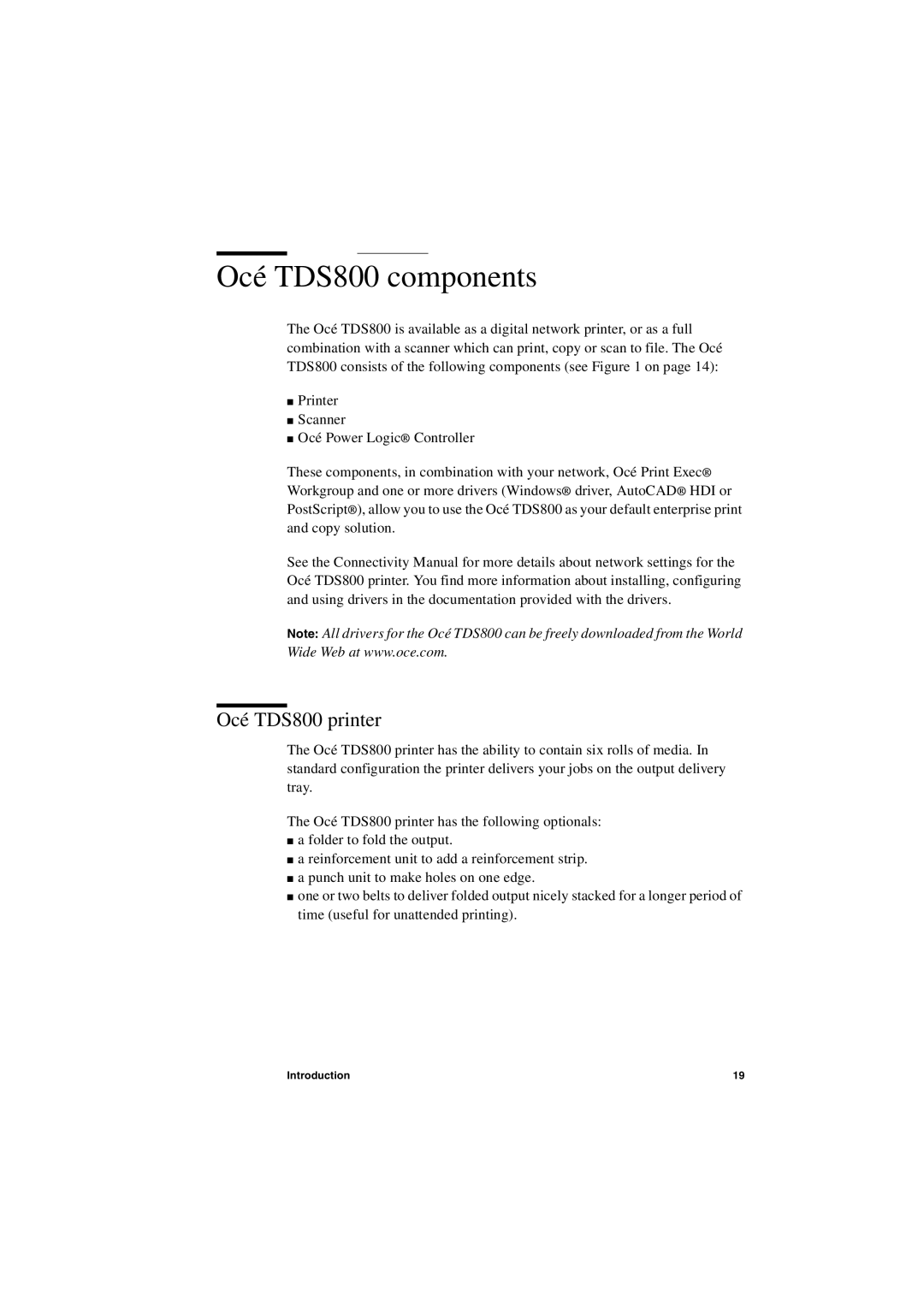 IBM user manual Océ TDS800 components, Océ TDS800 printer 