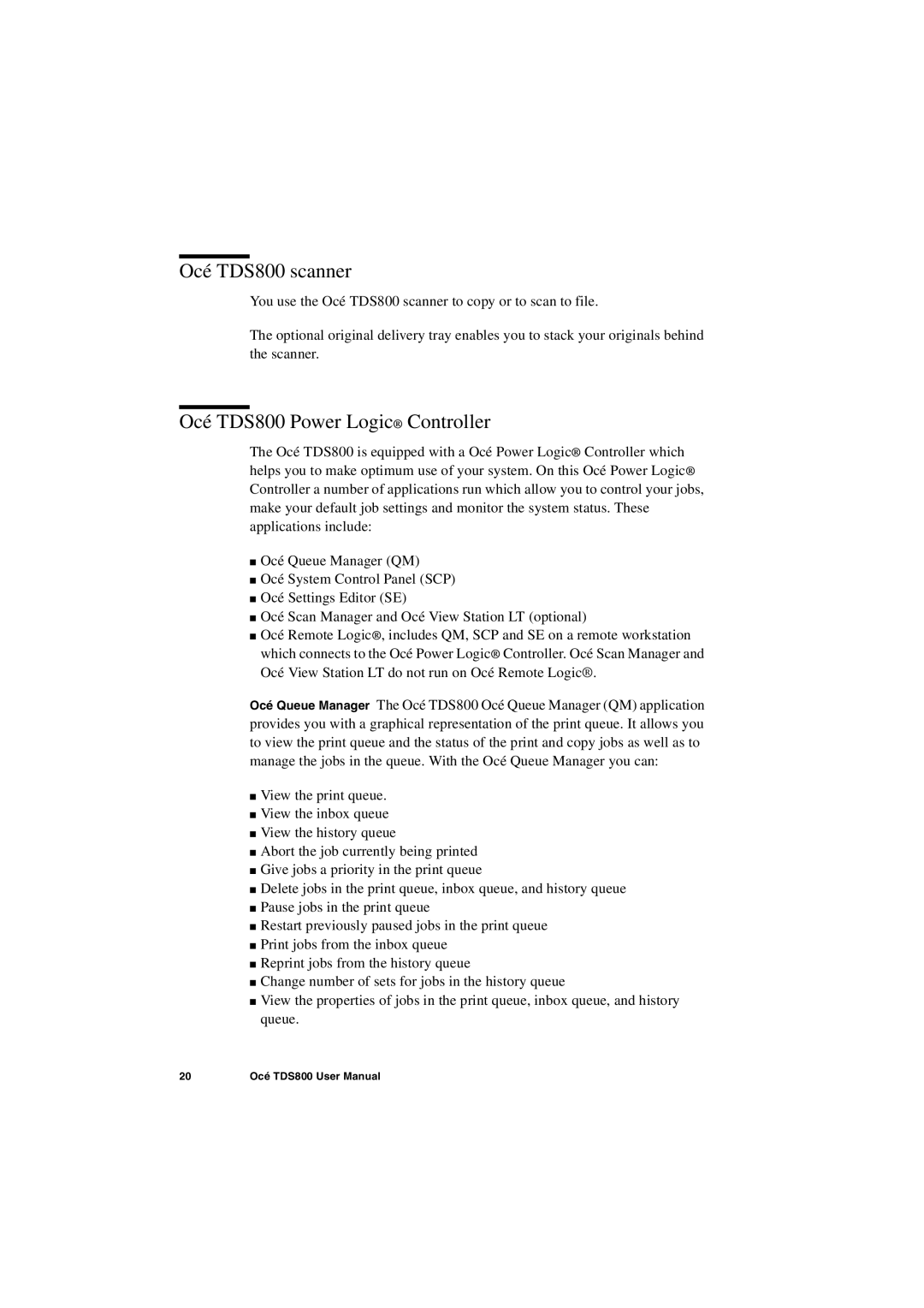 IBM user manual Océ TDS800 scanner, Océ TDS800 Power Logic Controller 