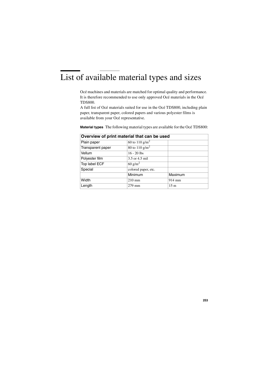 IBM TDS800 user manual List of available material types and sizes, Overview of print material that can be used 