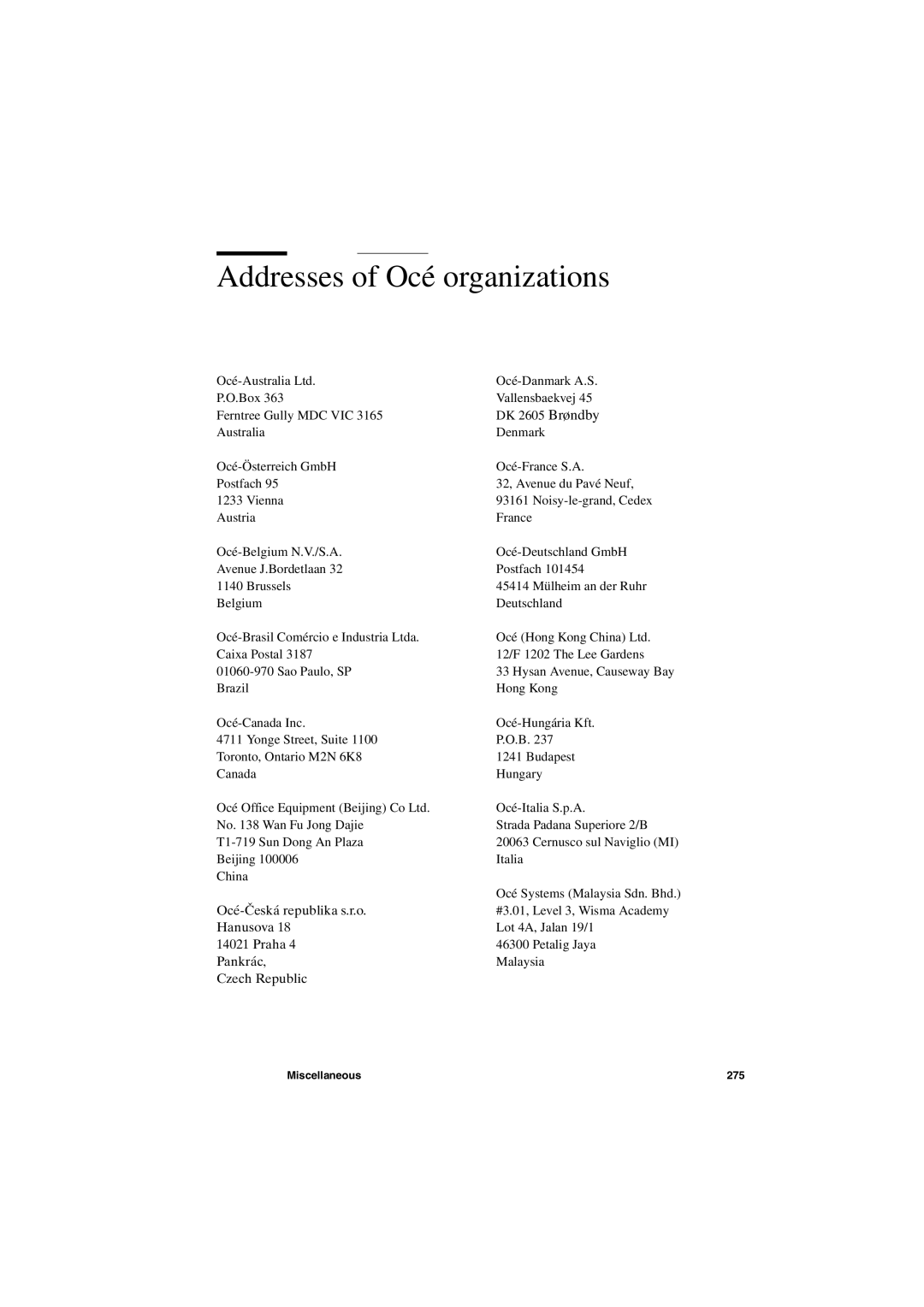 IBM TDS800 user manual Addresses of Océ organizations 