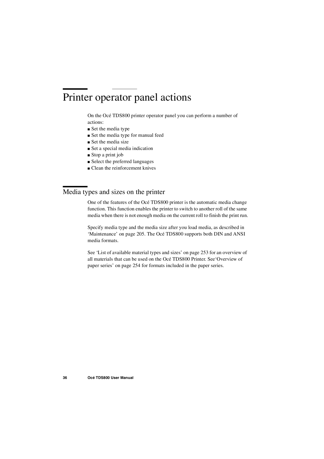 IBM TDS800 user manual Printer operator panel actions, Media types and sizes on the printer 