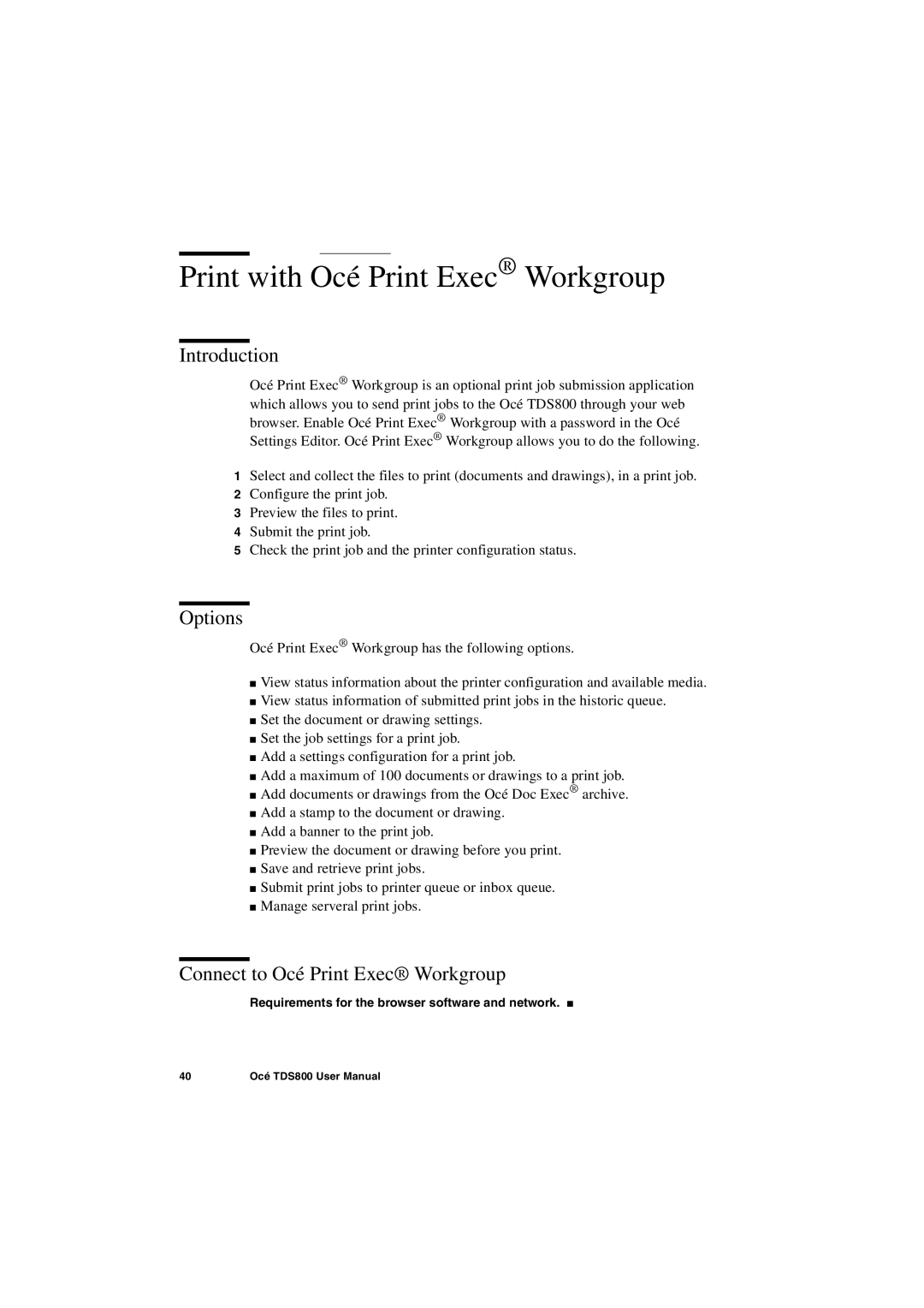 IBM TDS800 user manual Print with Océ Print Exec Workgroup, Introduction, Options, Connect to Océ Print Exec Workgroup 