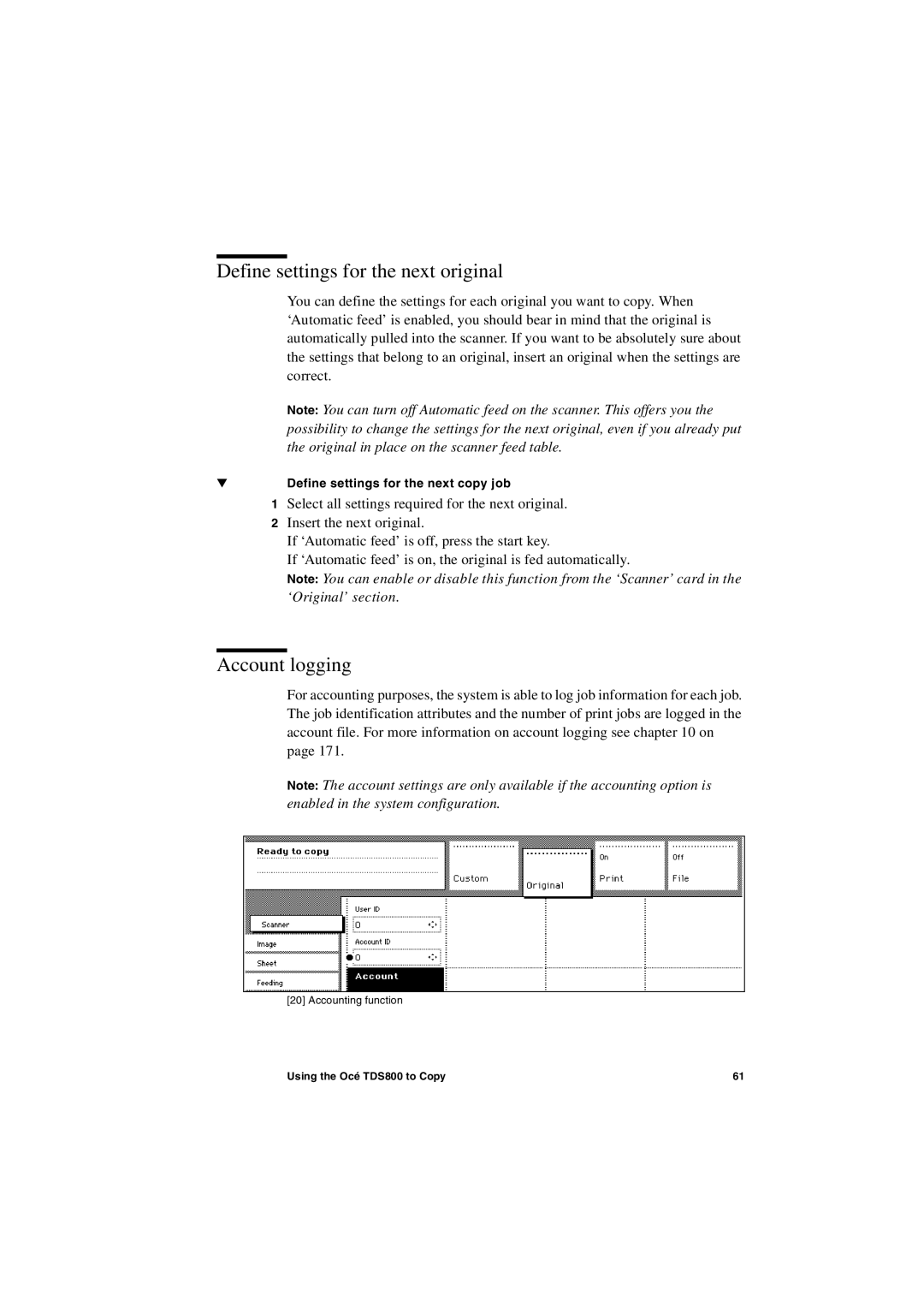 IBM TDS800 user manual Define settings for the next original, Account logging 