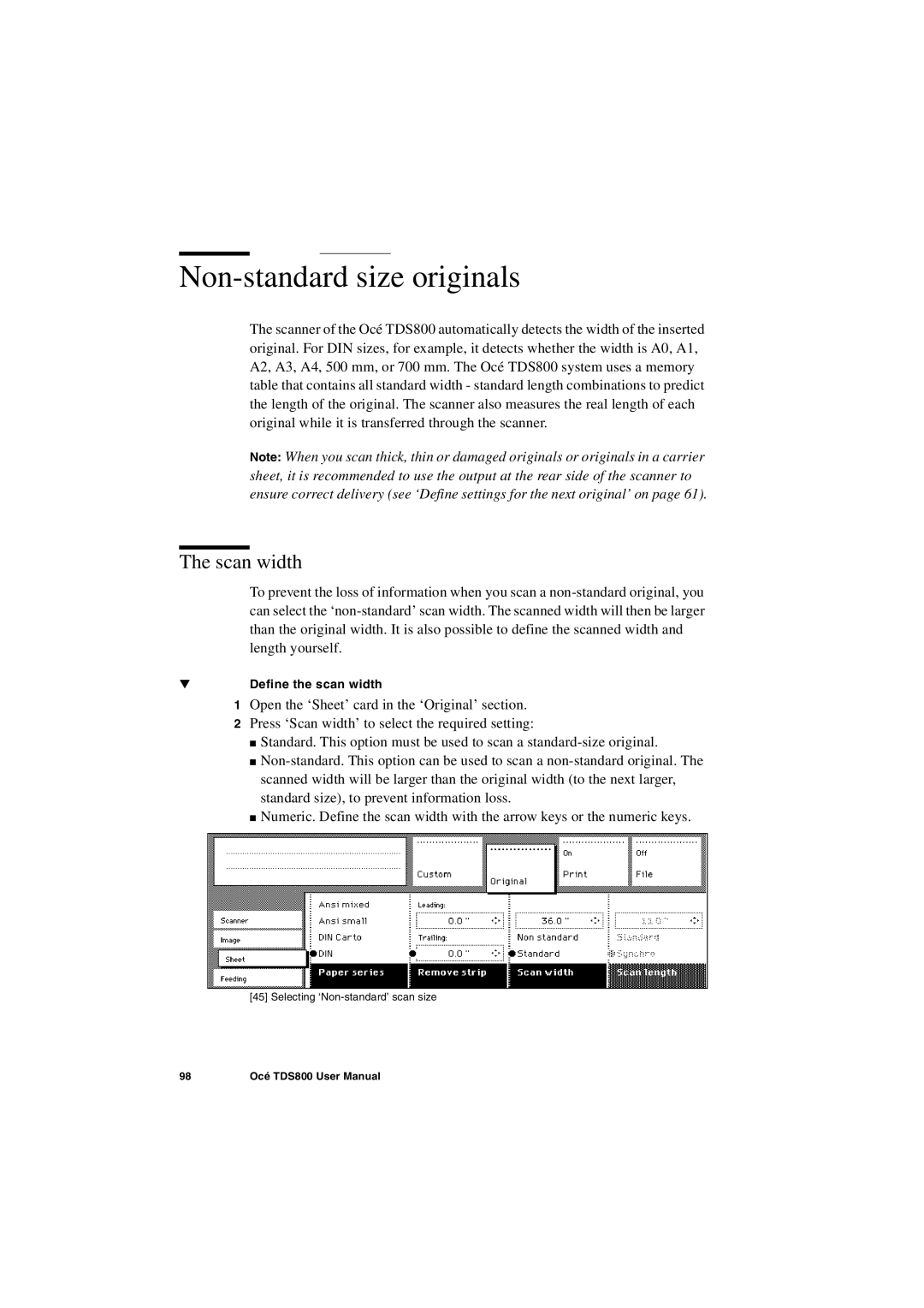 IBM TDS800 user manual Non-standard size originals, Scan width 