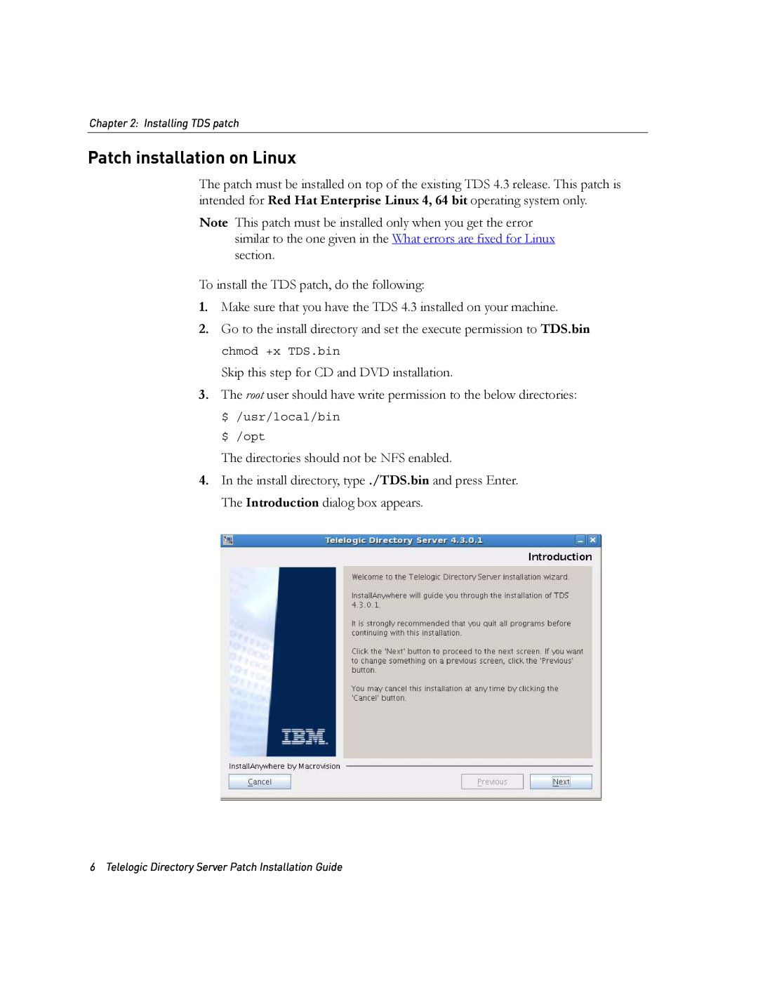 IBM Telelogic Directory Server manual Patch installation on Linux 