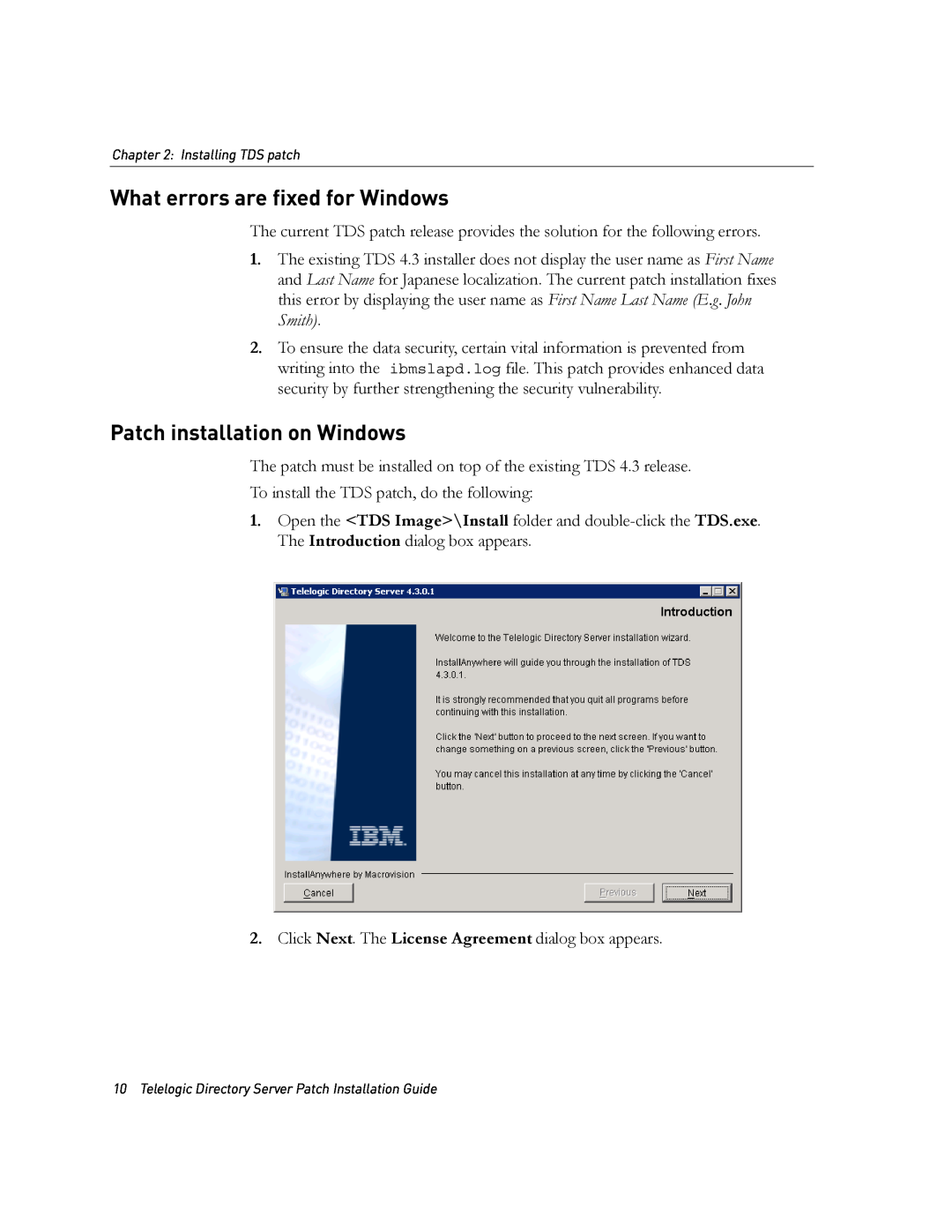 IBM Telelogic Directory Server manual What errors are fixed for Windows, Patch installation on Windows 