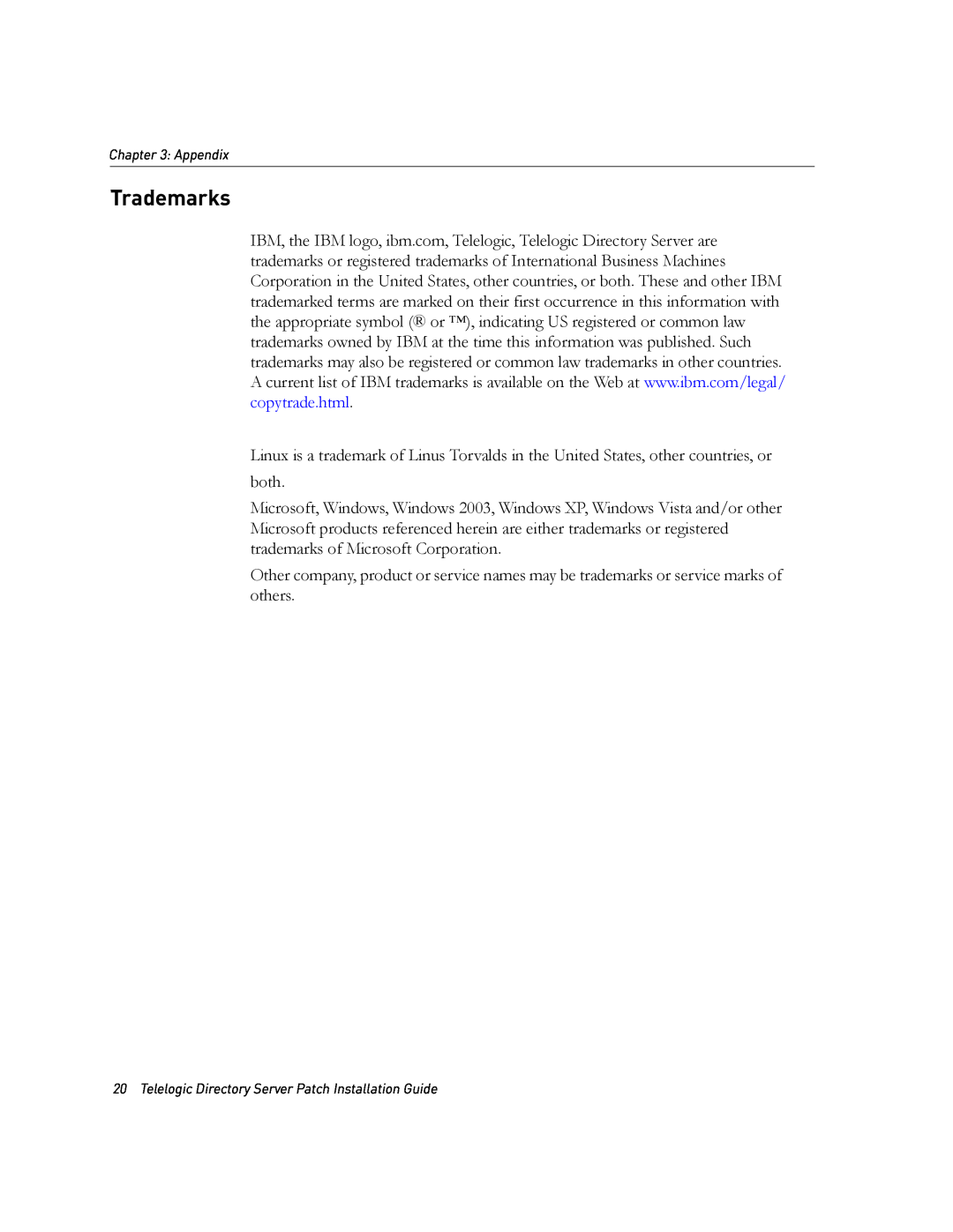 IBM Telelogic Directory Server manual Trademarks, Appendix 