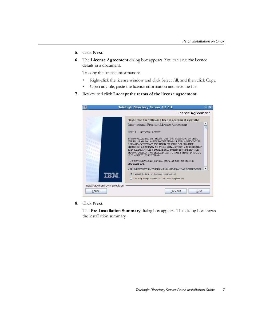 IBM Telelogic Directory Server manual Review and click I accept the terms of the license agreement 