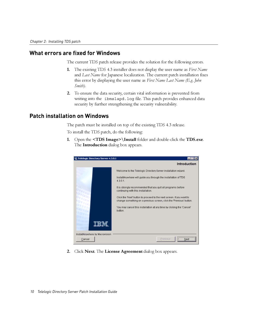 IBM Telelogic Directory Server manual What errors are fixed for Windows, Patch installation on Windows 