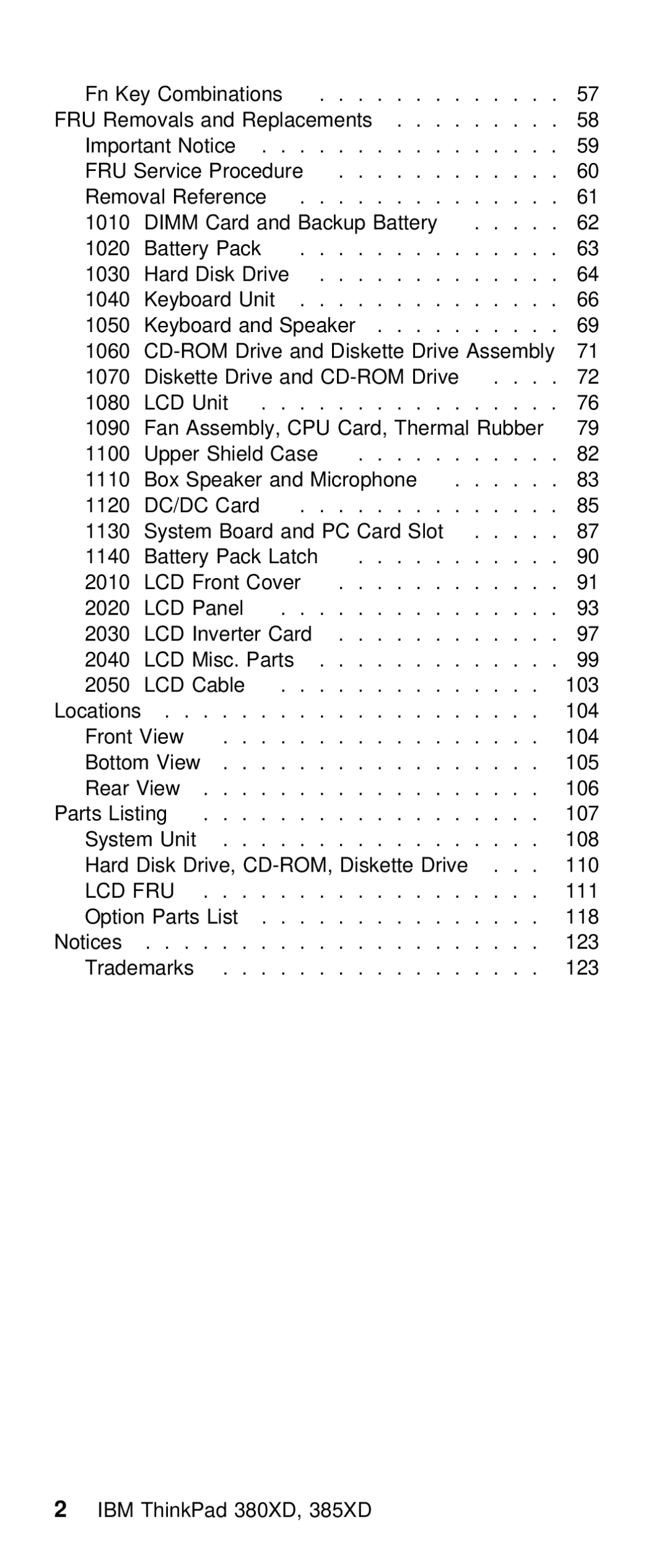 IBM THINKPAD 385XD (2635) manual Fru 