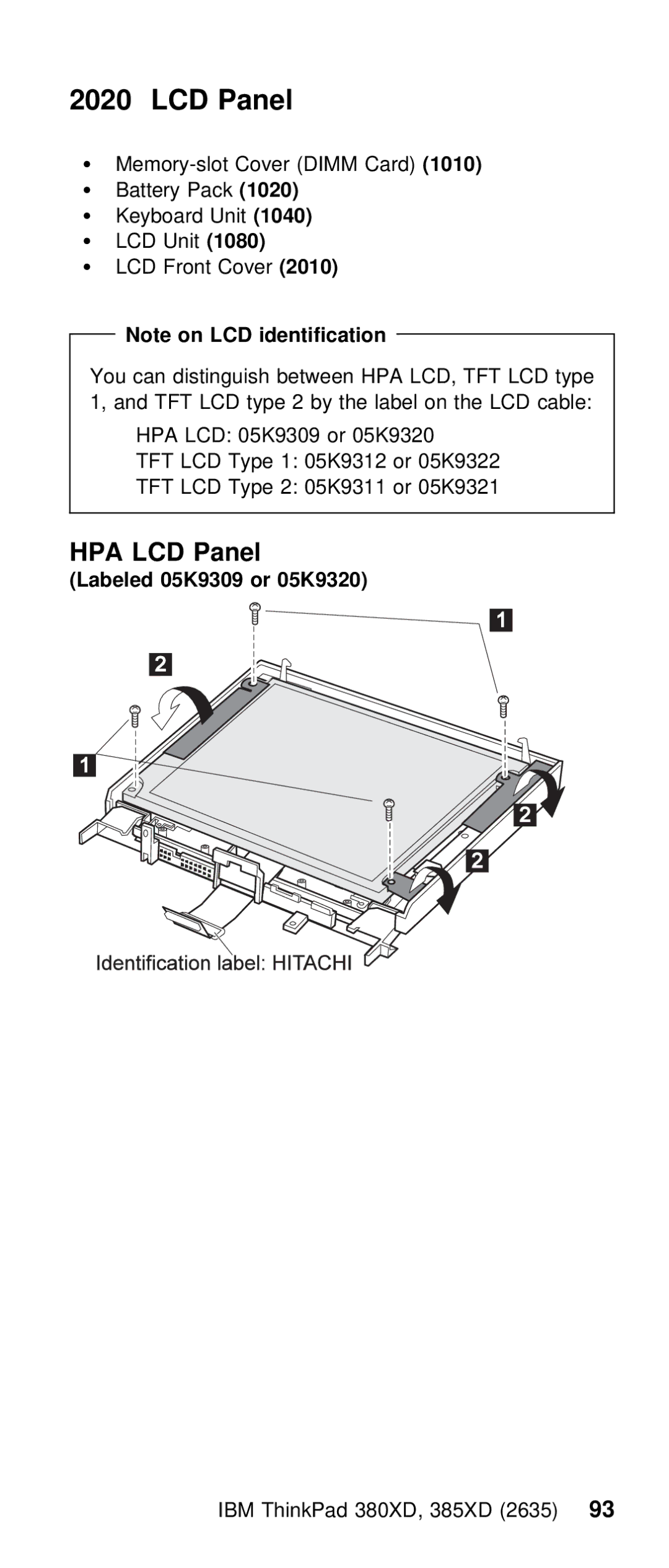 IBM THINKPAD 385XD (2635) manual HPA LCD Panel, Labeled 05K9309 or 05K9320 