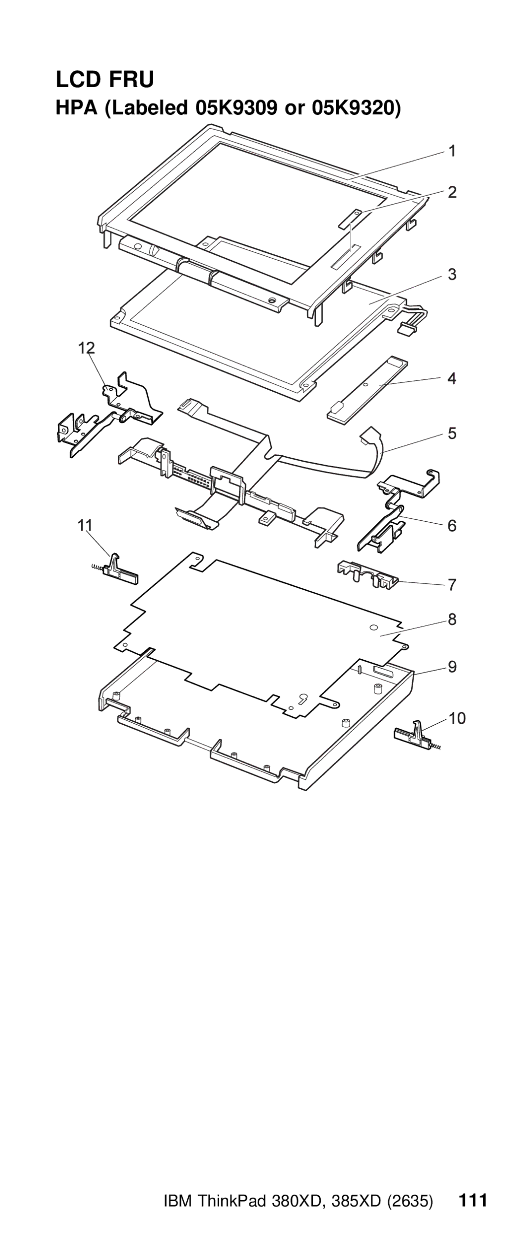 IBM THINKPAD 385XD (2635) manual Lcd Fru, HPA Labeled 05K9309 or 05K9320 