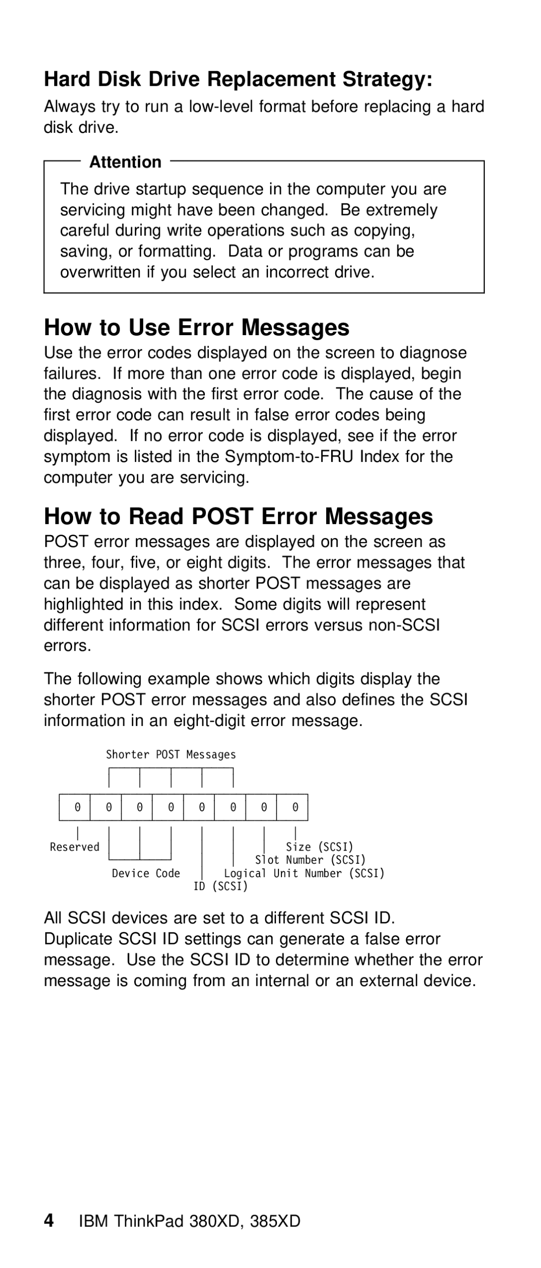 IBM THINKPAD 385XD (2635) How to Use Error Messages, How to Read Post Error Messages, Hard Disk Drive Replacement Strategy 