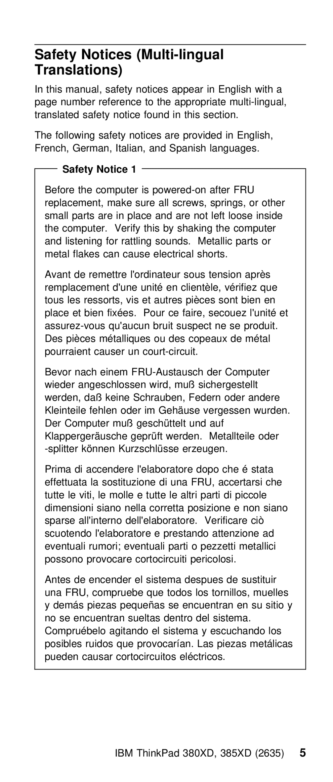 IBM THINKPAD 385XD (2635) manual Safety Notices Multi-lingual Translations 