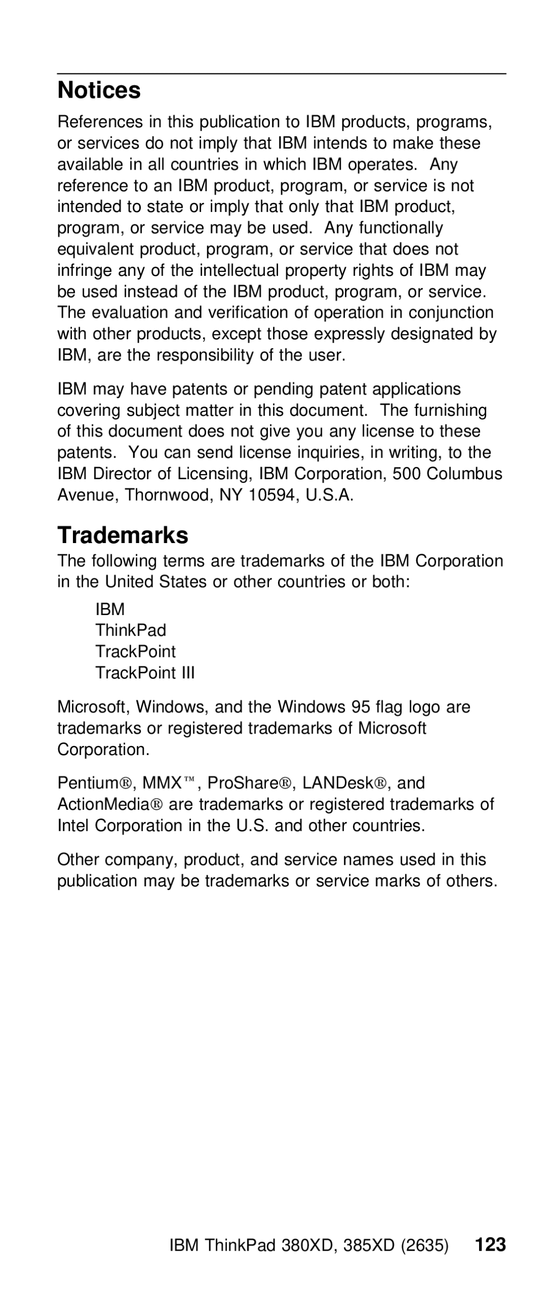 IBM THINKPAD 385XD (2635) manual Trademarks 