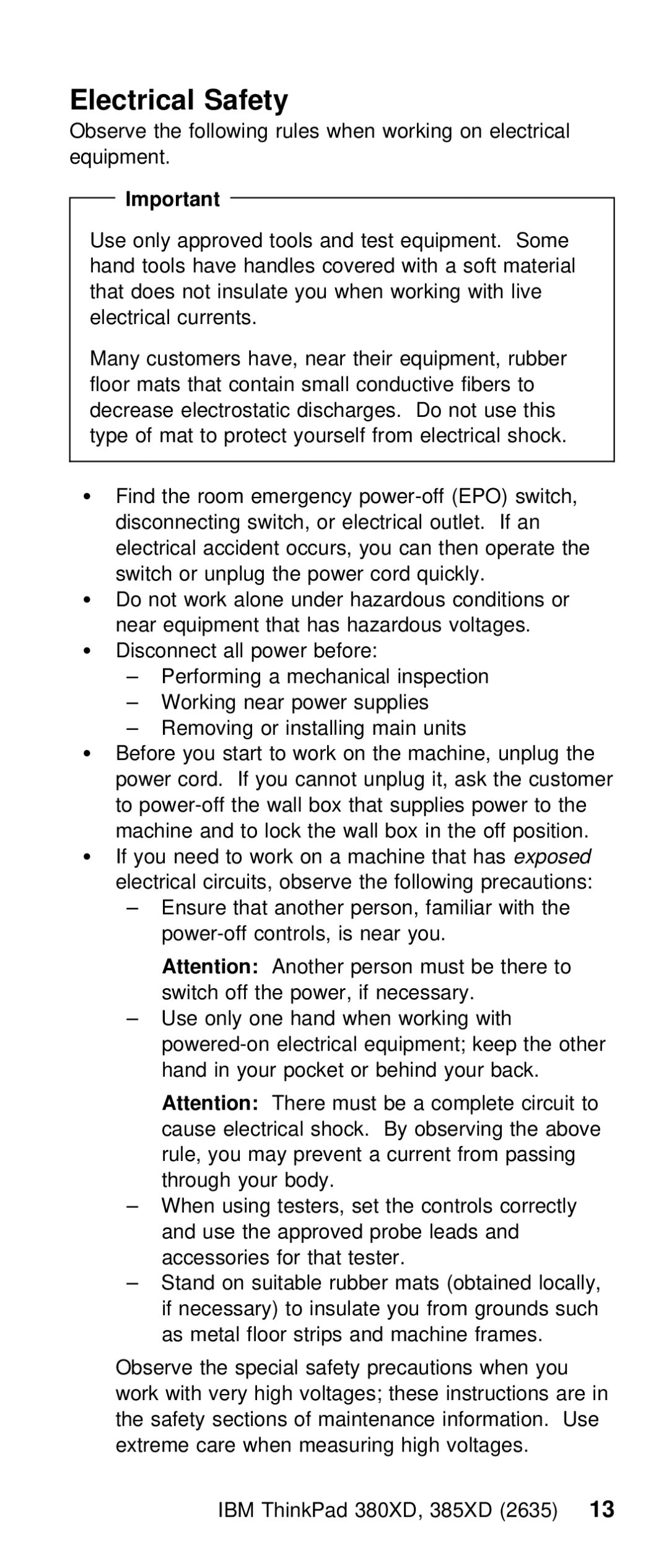 IBM THINKPAD 385XD (2635) manual Electrical Safety 