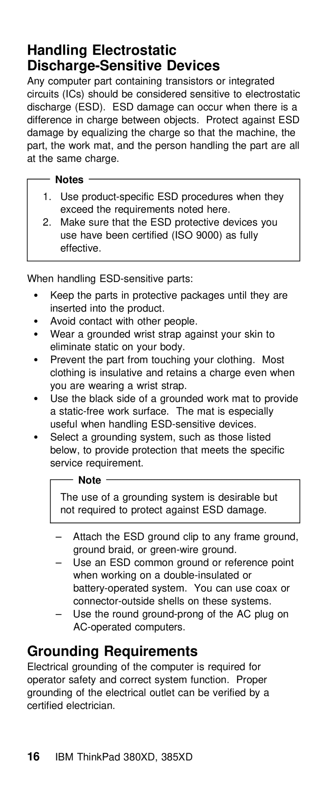 IBM THINKPAD 385XD (2635) manual Handling Electrostatic Discharge-Sensitive Devices, Grounding Requirements 