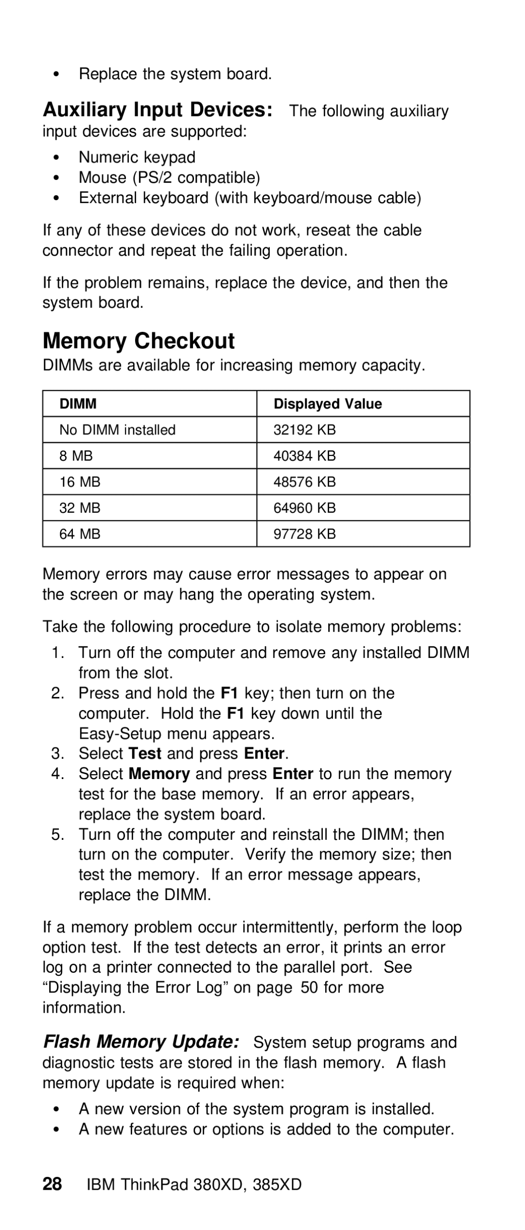 IBM THINKPAD 385XD (2635) manual Memory Checkout, Devices, Value 