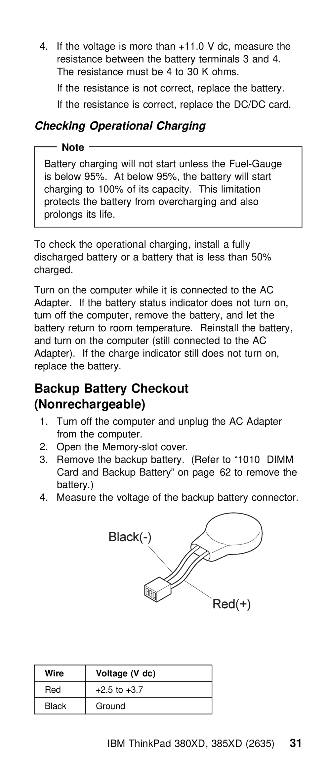 IBM THINKPAD 385XD (2635) manual Checking Operational Charging, Wire 