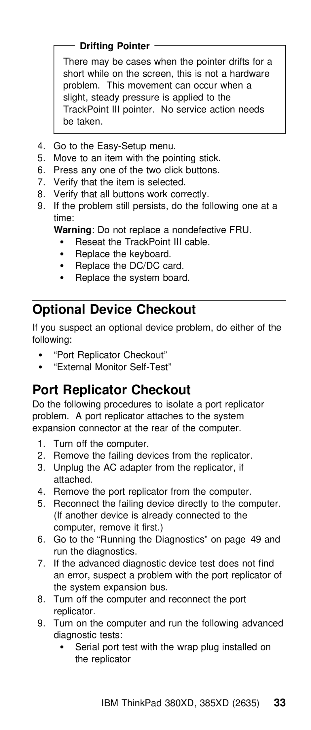 IBM THINKPAD 385XD (2635) manual Optional Device Checkout, Port Replicator Checkout, Drifting Pointer 