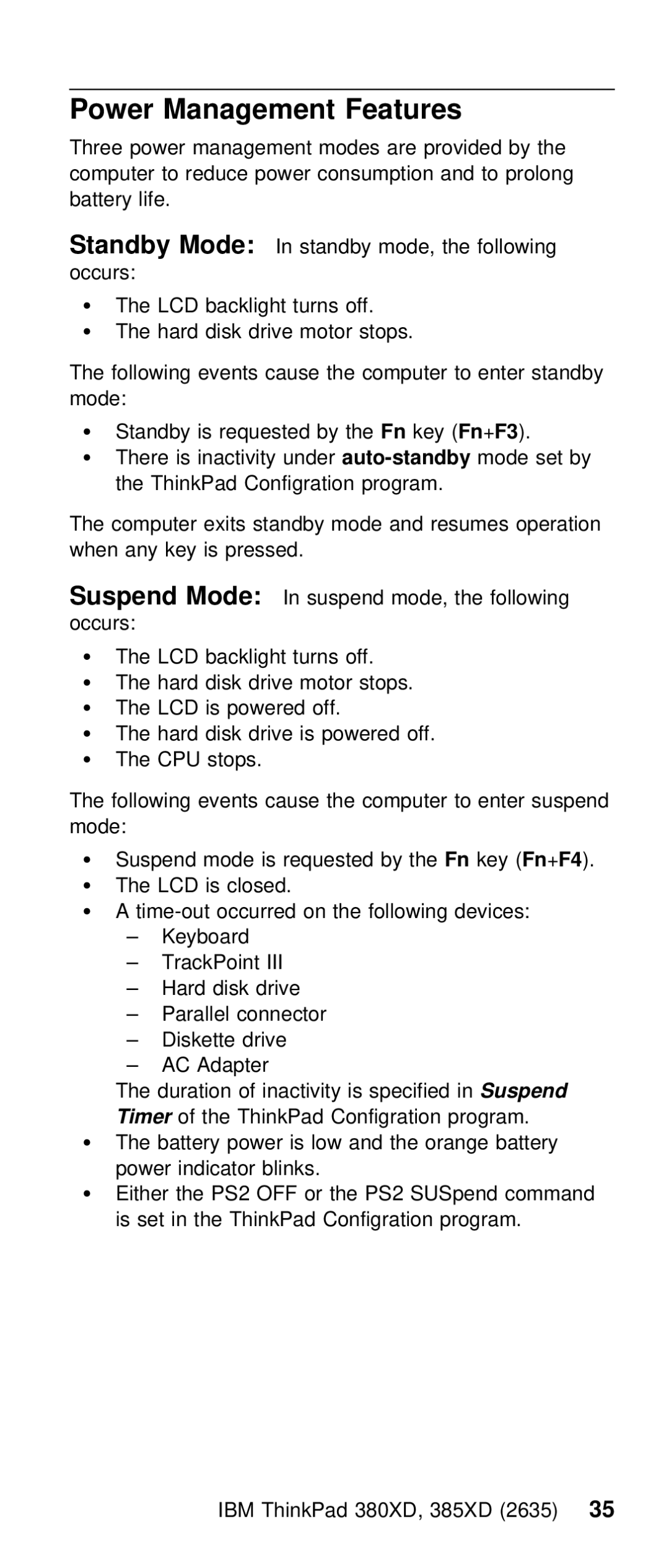 IBM THINKPAD 385XD (2635) manual Power Management Features 