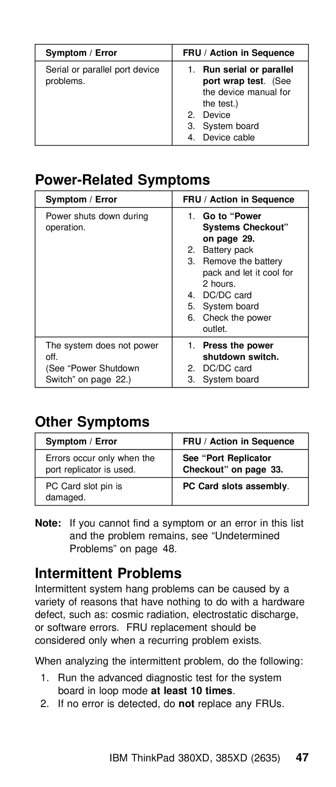 IBM THINKPAD 385XD (2635) manual Power-Related Symptoms, Other Symptoms, Intermittent Problems 