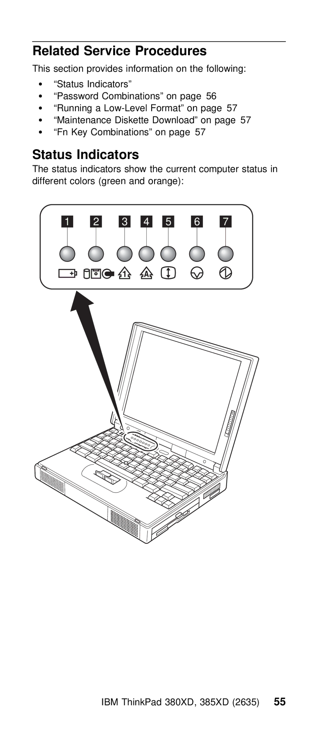 IBM THINKPAD 385XD (2635) manual Related Service Procedures, Status Indicators 