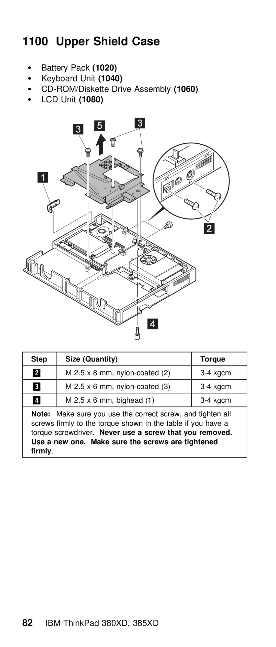 IBM THINKPAD 385XD (2635) manual Upper Shield Case, Step Size Quantity 