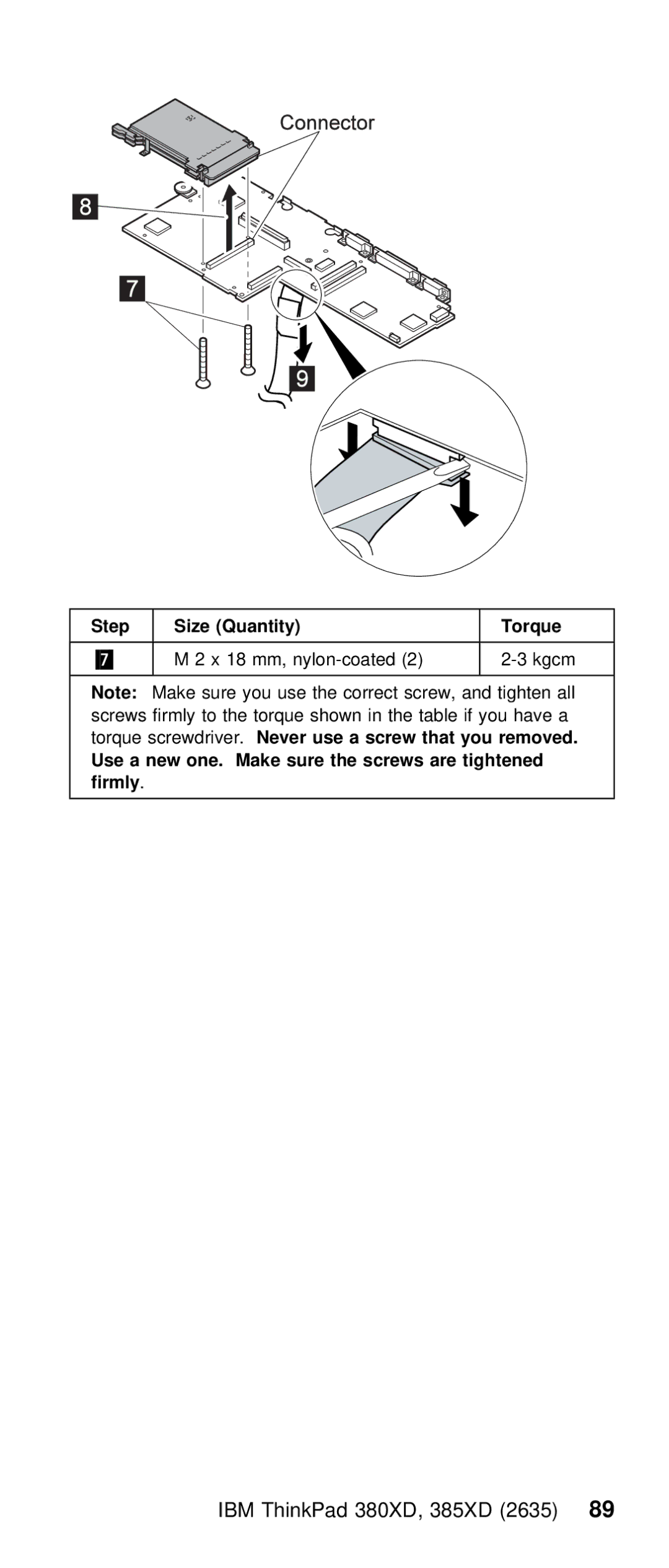 IBM THINKPAD 385XD (2635) manual Step Size Quantity Torque 