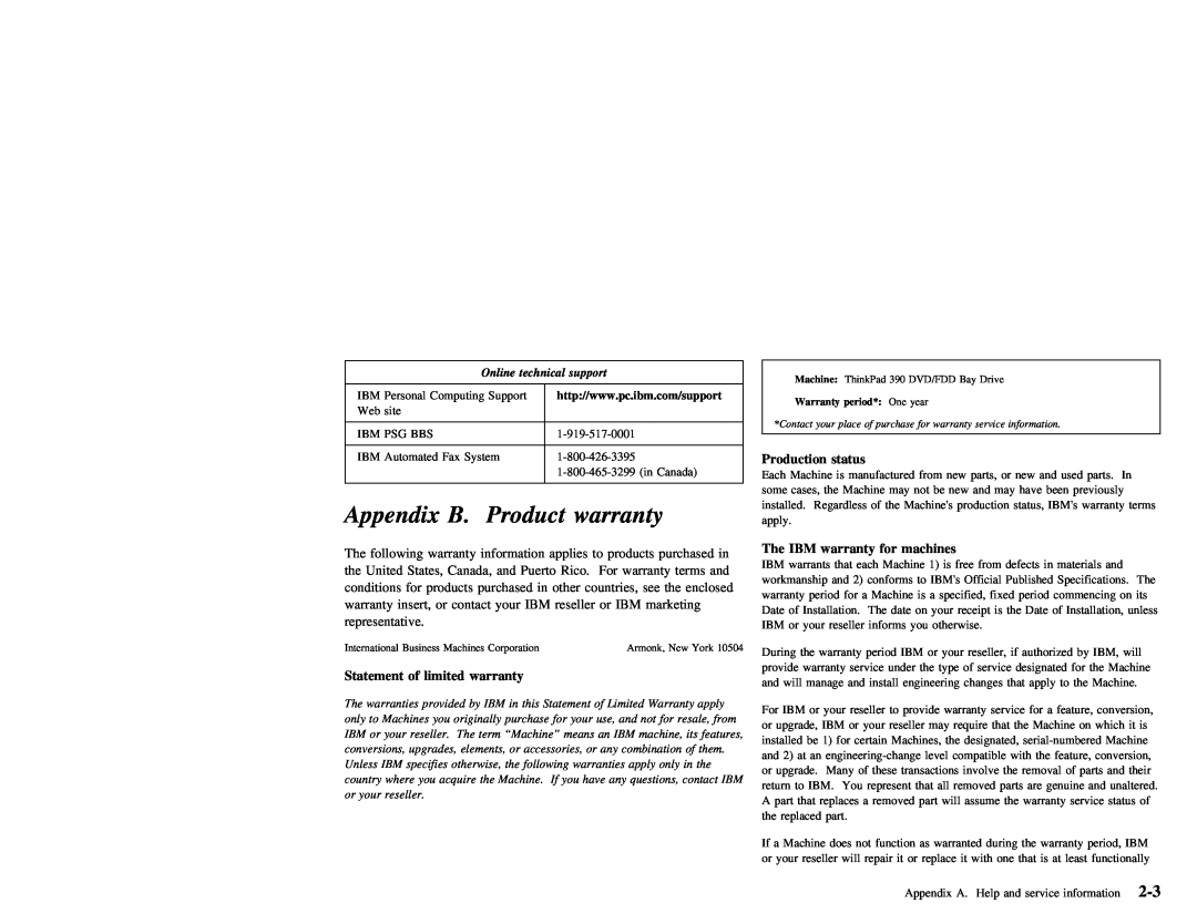 IBM THINKPAD 390 manual Product warranty, Appendix B 