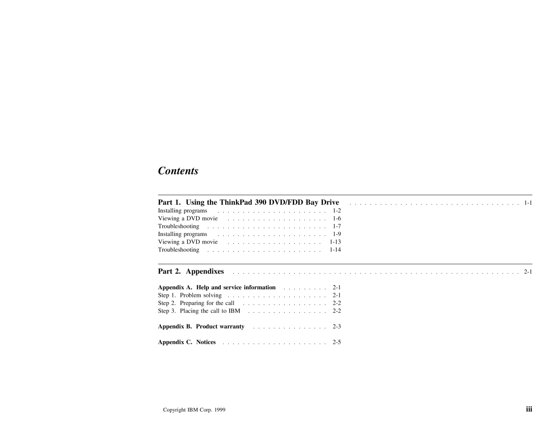 IBM THINKPAD 390 manual Contents 