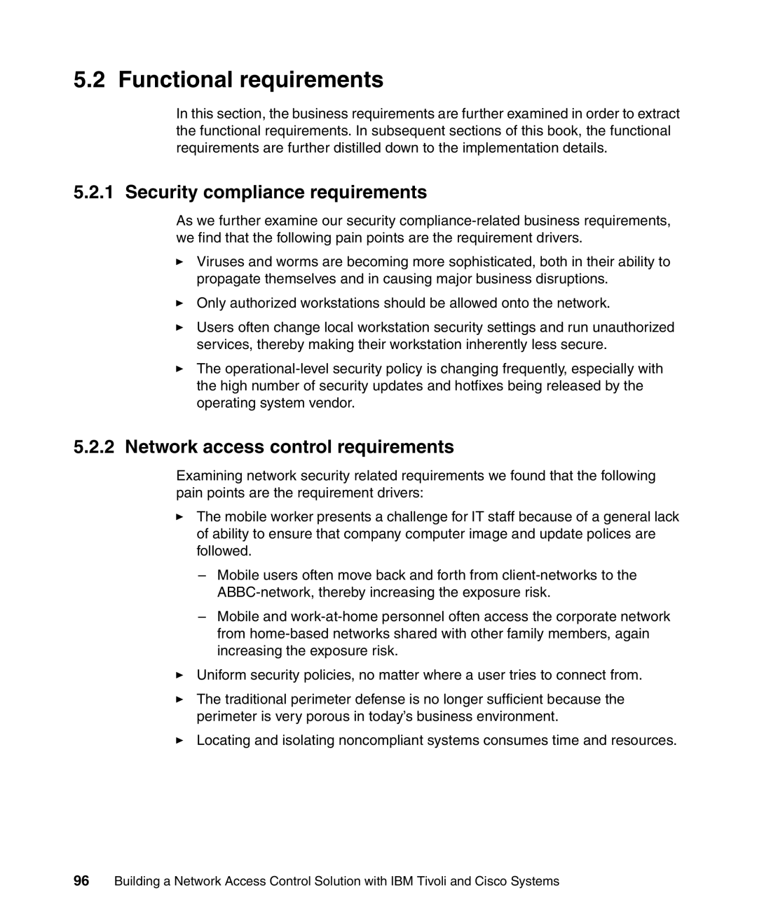 IBM Tivoli and Cisco manual Functional requirements, Security compliance requirements, Network access control requirements 