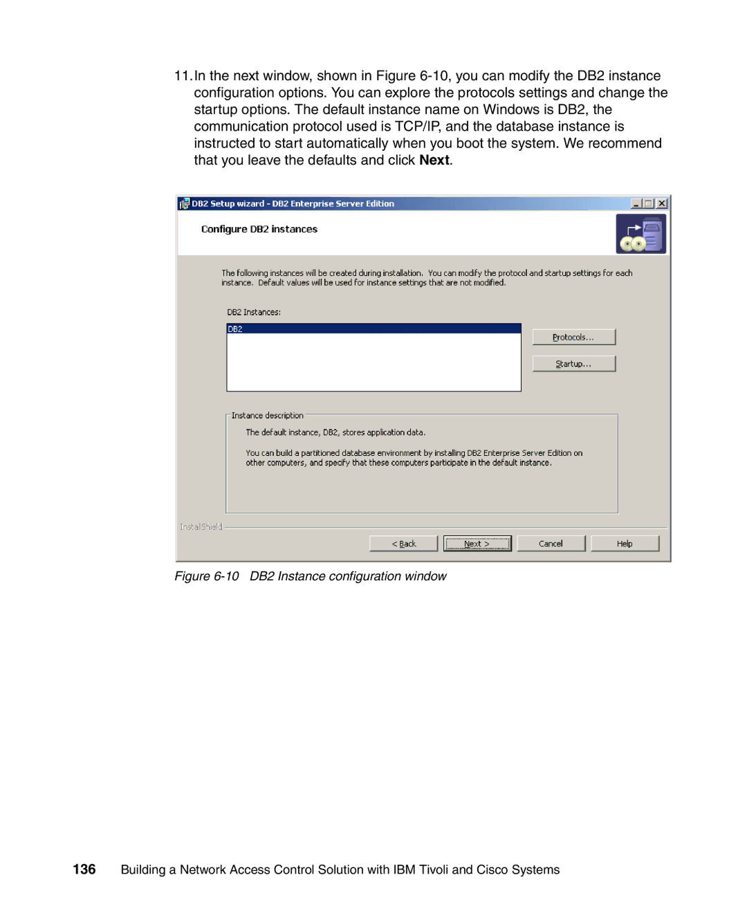 IBM Tivoli and Cisco manual 10 DB2 Instance configuration window 