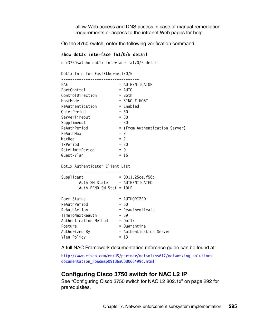 IBM Tivoli and Cisco manual Configuring Cisco 3750 switch for NAC L2 IP, 295 