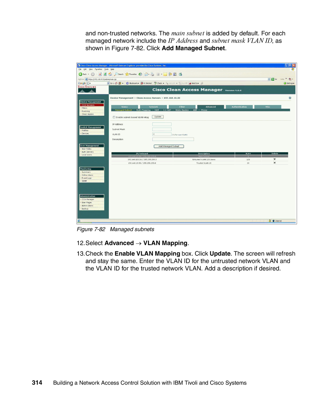 IBM Tivoli and Cisco manual Select Advanced → Vlan Mapping, Managed subnets 