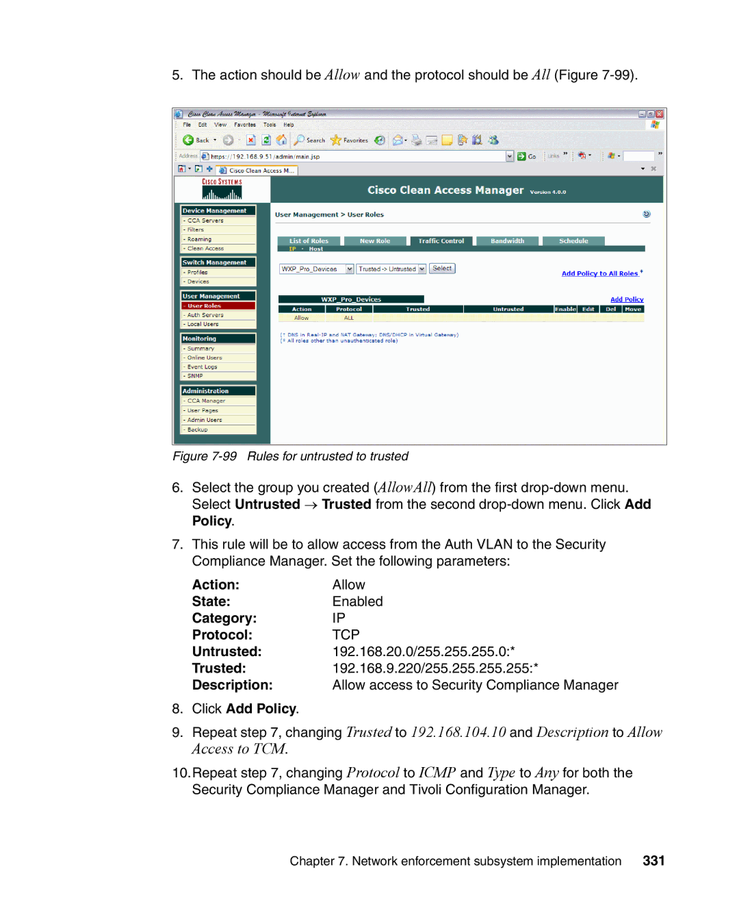 IBM Tivoli and Cisco manual ActionAllow StateEnabled CategoryIP ProtocolTCP, Click Add Policy, 331 